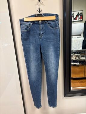 Frank Lyman Design Dark Blue Skinny Jeans with Beaded Hem